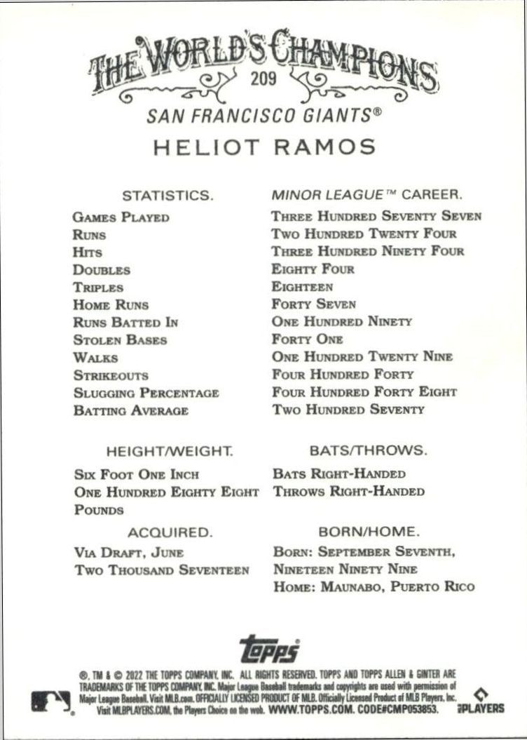 2022 Topps Allen & Ginter Heliot Ramos #209 baseball trading card back