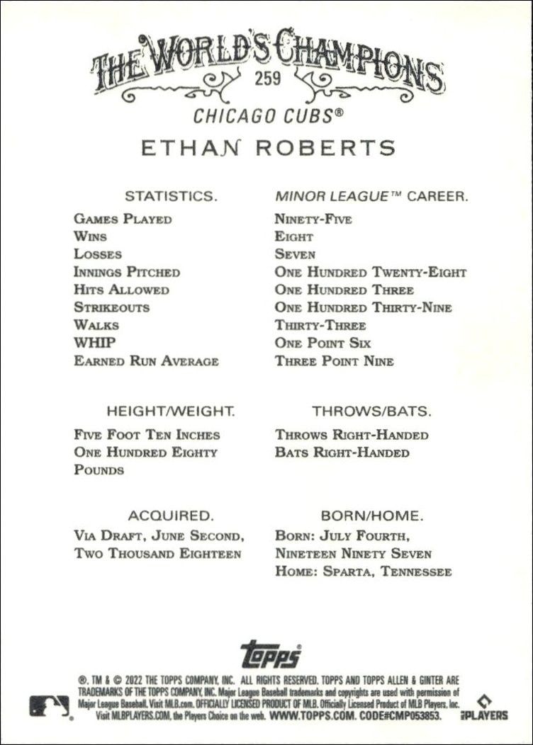 2022 Topps Allen & Ginter Ethan Roberts #259 baseball trading card back