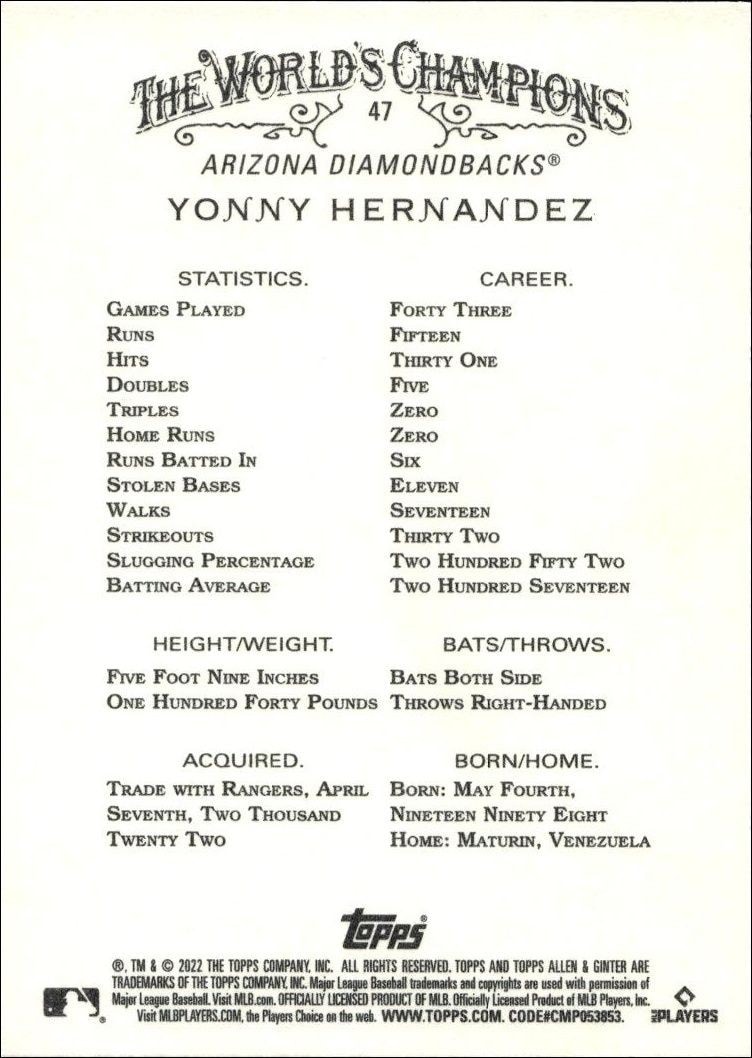 2022 Topps Allen & Ginter Yonny Hernandez #47 baseball trading card back