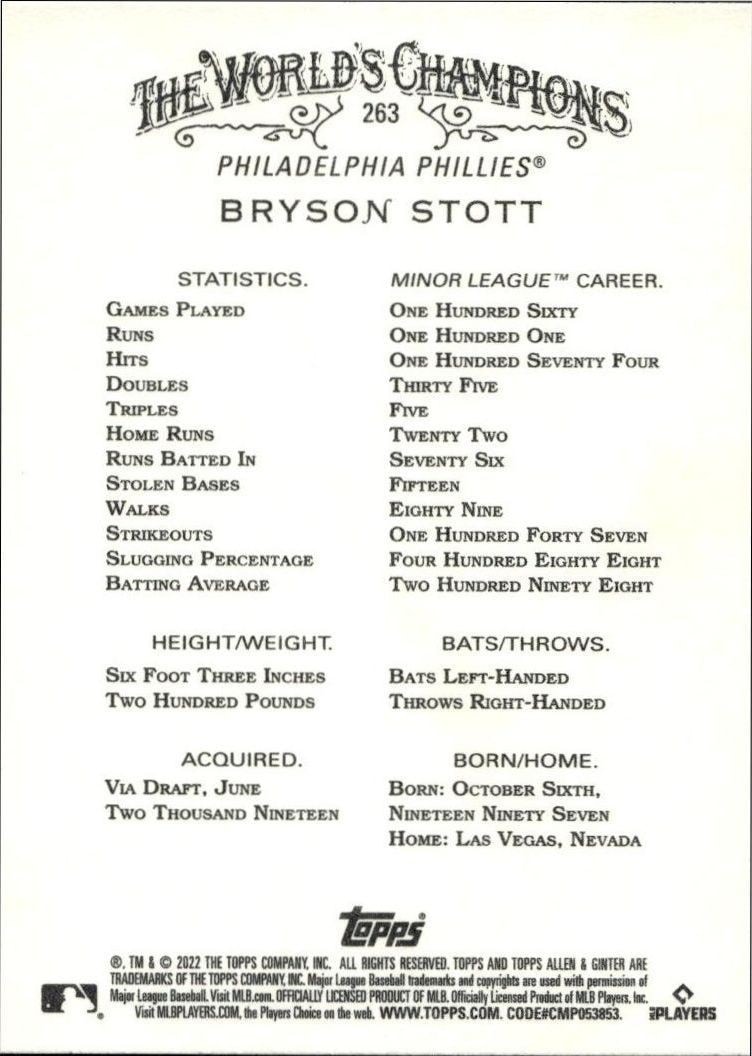 2022 Topps Allen & Ginter Bryson Stott #263 baseball trading card back