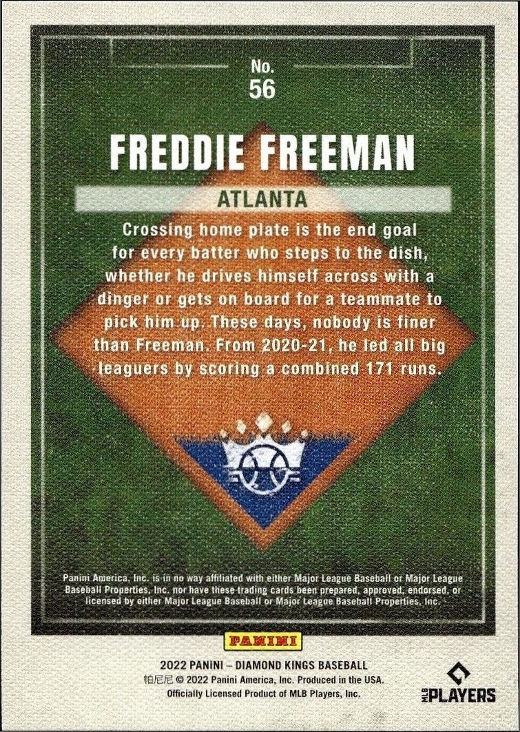 2022 Panini Diamond Kings Freddie Freeman #56 baseball trading card back