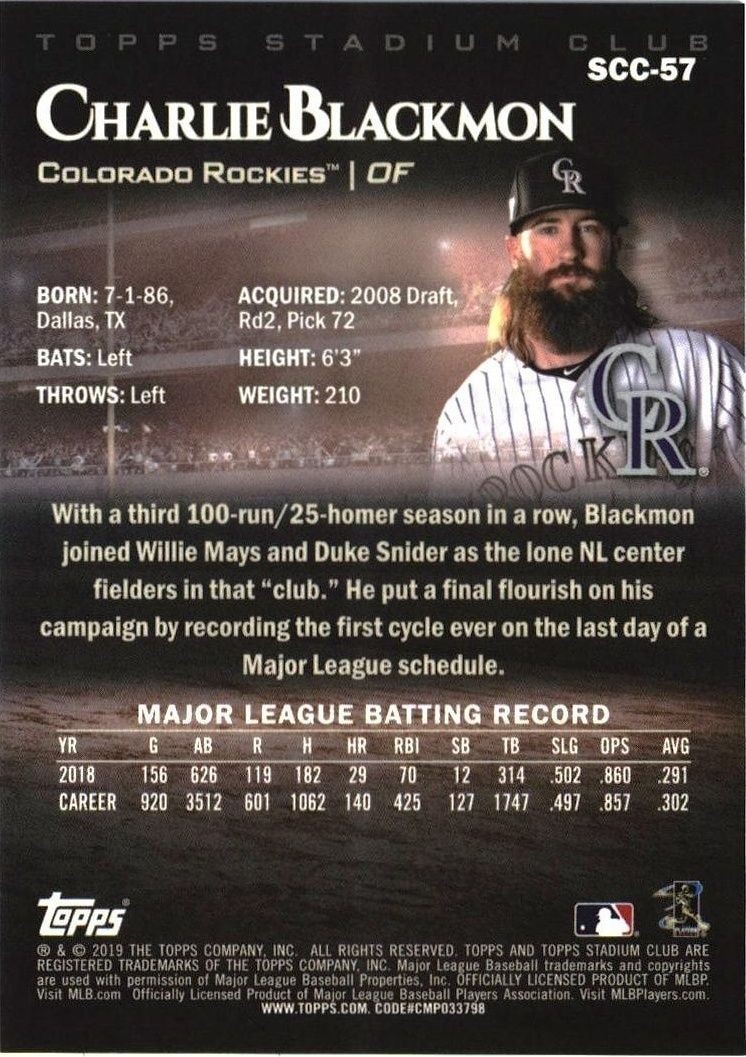2019 Topps Stadium Club Chrome Charlie Blackmon #SCC-57 baseball trading card back