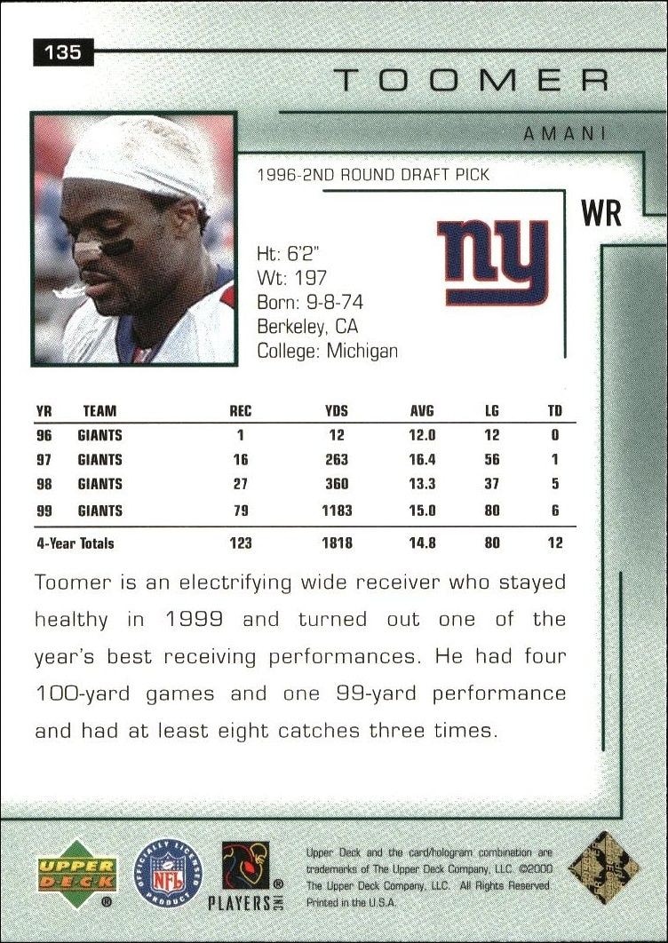 2000 Upper Deck Encore Amani Toomer #135 football trading card back