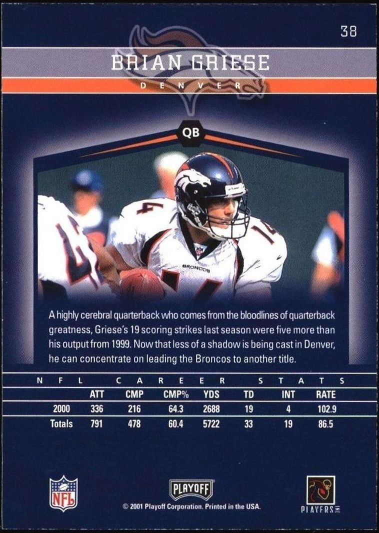 2001 Playoff Honors Brian Griese #38 football trading card back