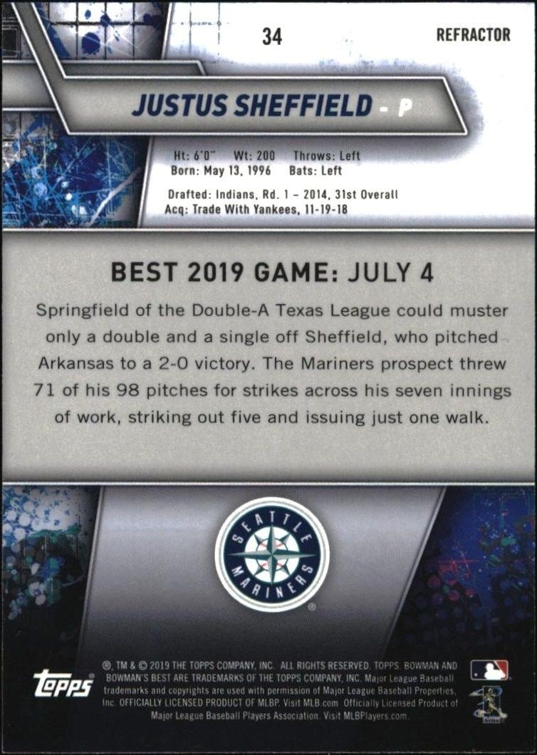 2019 Bowman Bowman's Best Justus Sheffield #34 baseball trading card back