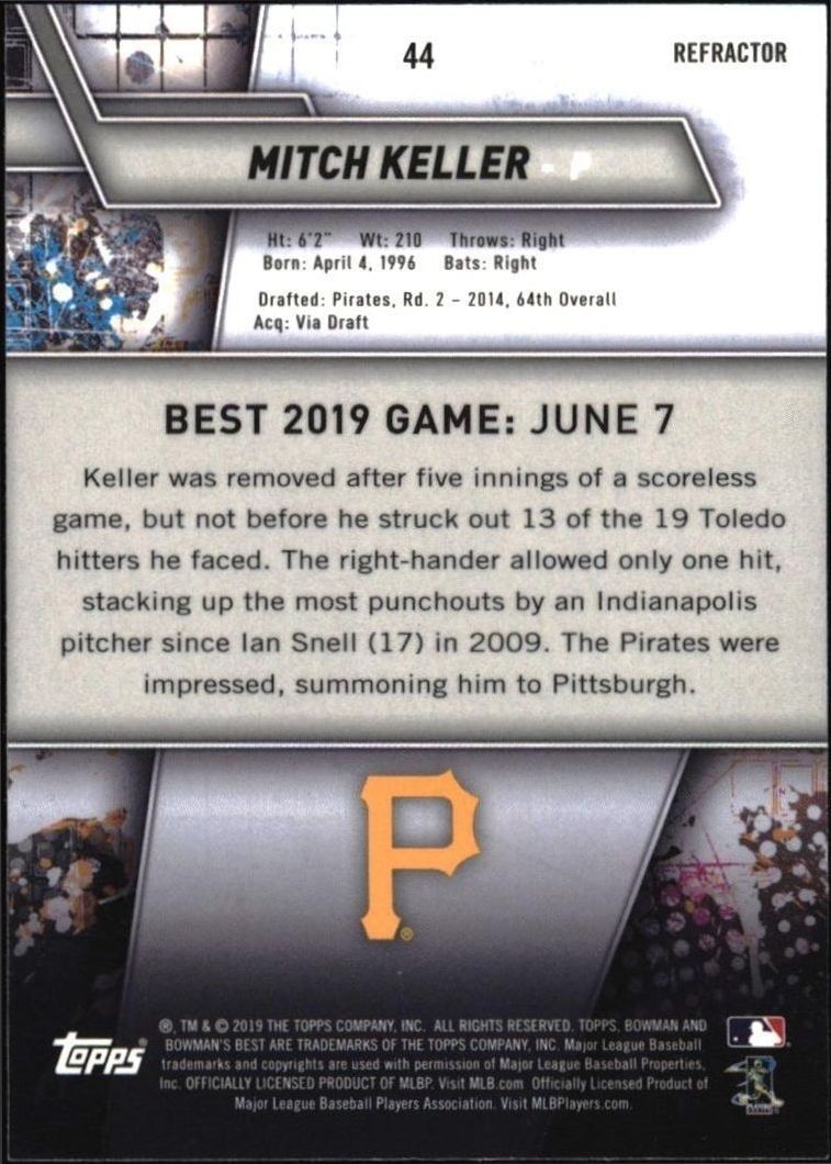 2019 Bowman Bowman's Best Mitch Keller #44 baseball trading card back