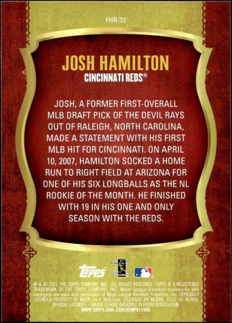 2015 Topps Josh Hamilton #FHR-22 baseball trading card back