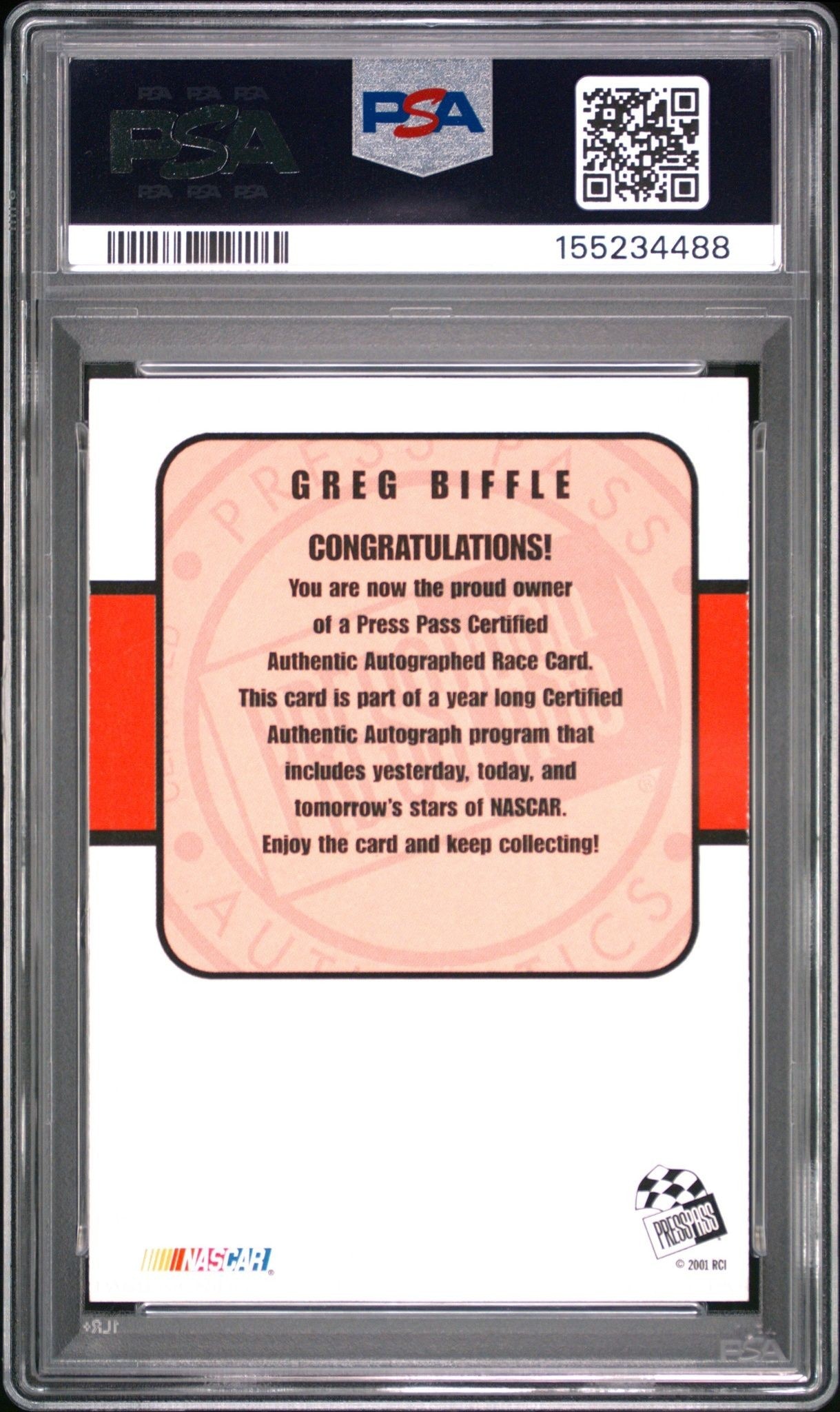 2001 Press Pass Greg Biffle #NA racing trading card back