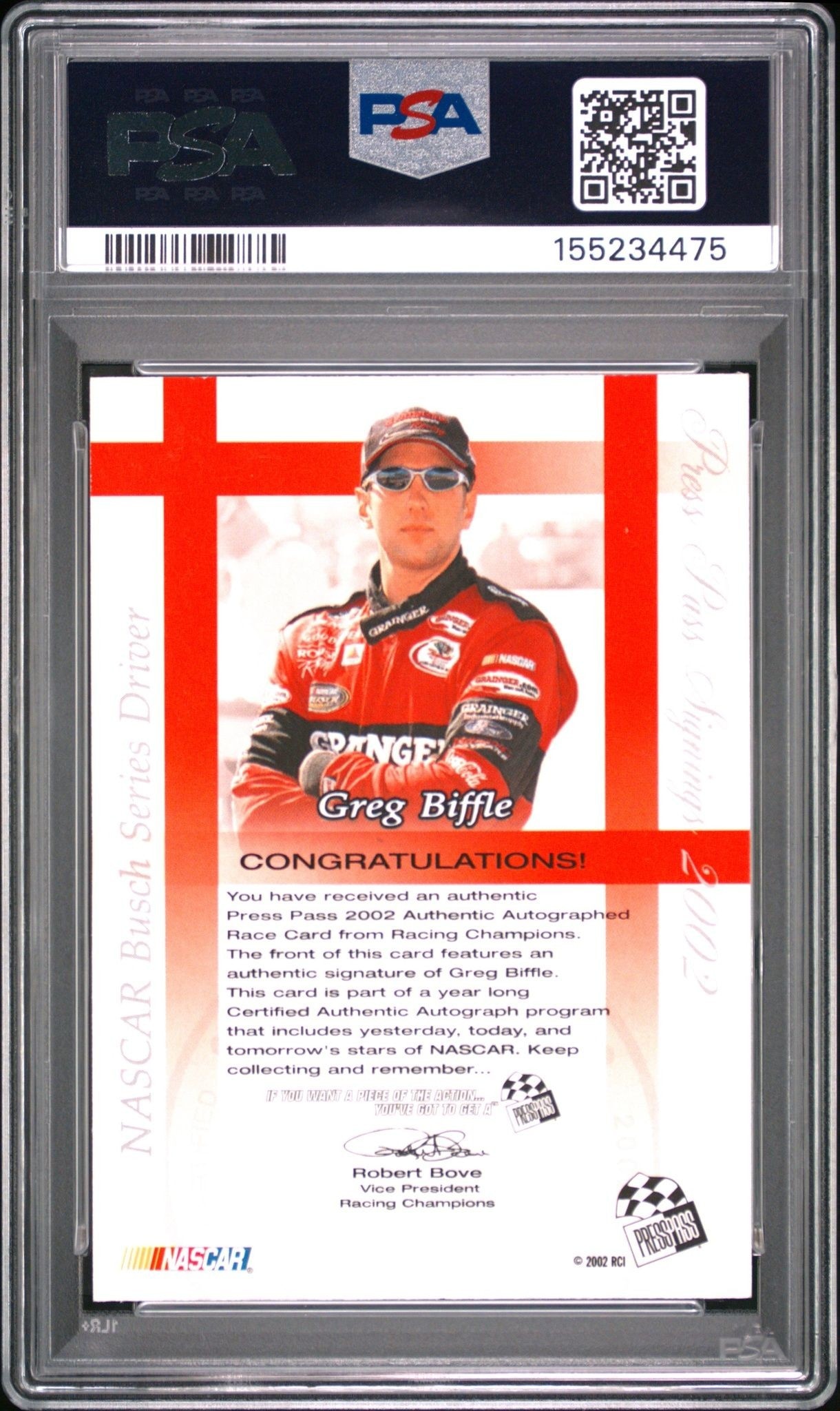 2002 Press Pass Greg Biffle #NA racing trading card back