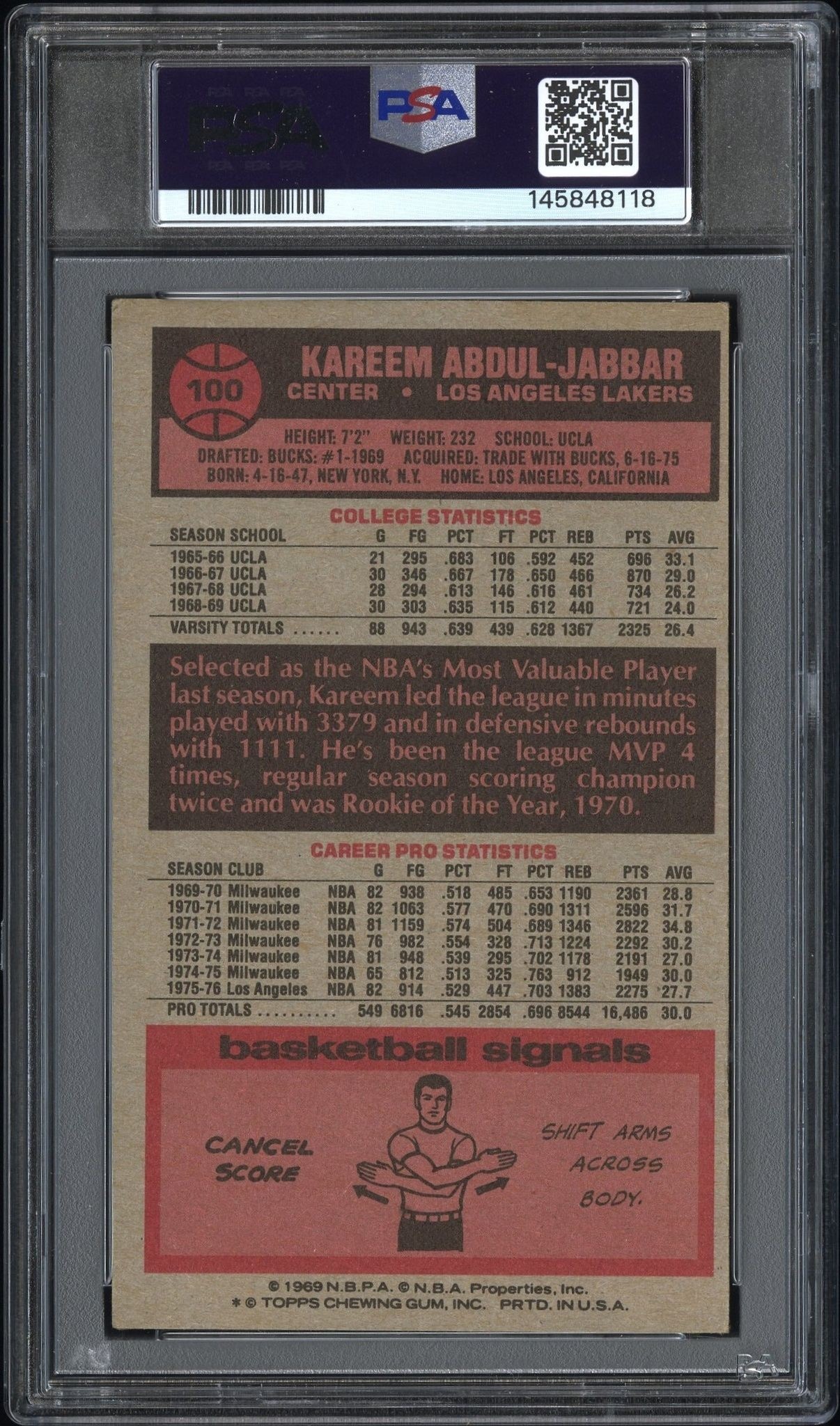 1976-77 Topps Kareem Abdul-Jabbar #100 basketball trading card back