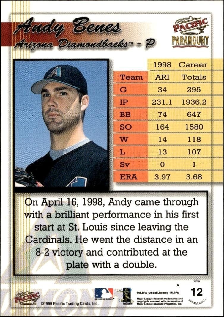 1999 Pacific Paramount Andy Benes #12 baseball trading card back