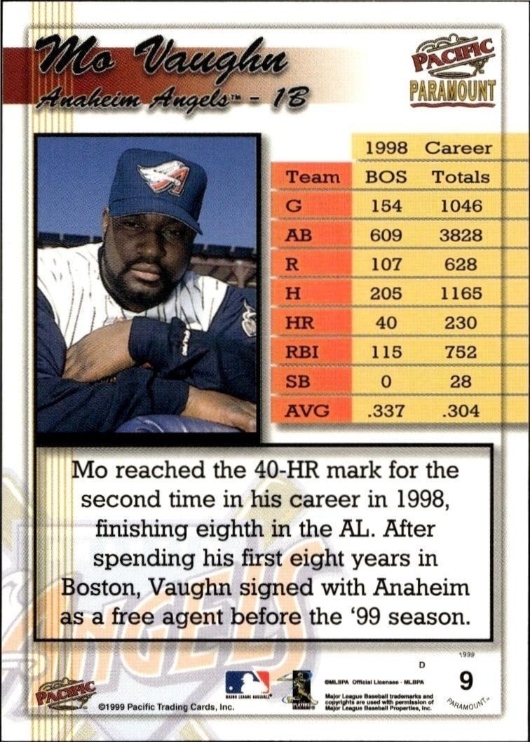 1999 Pacific Paramount Mo Vaughn #9 baseball trading card back
