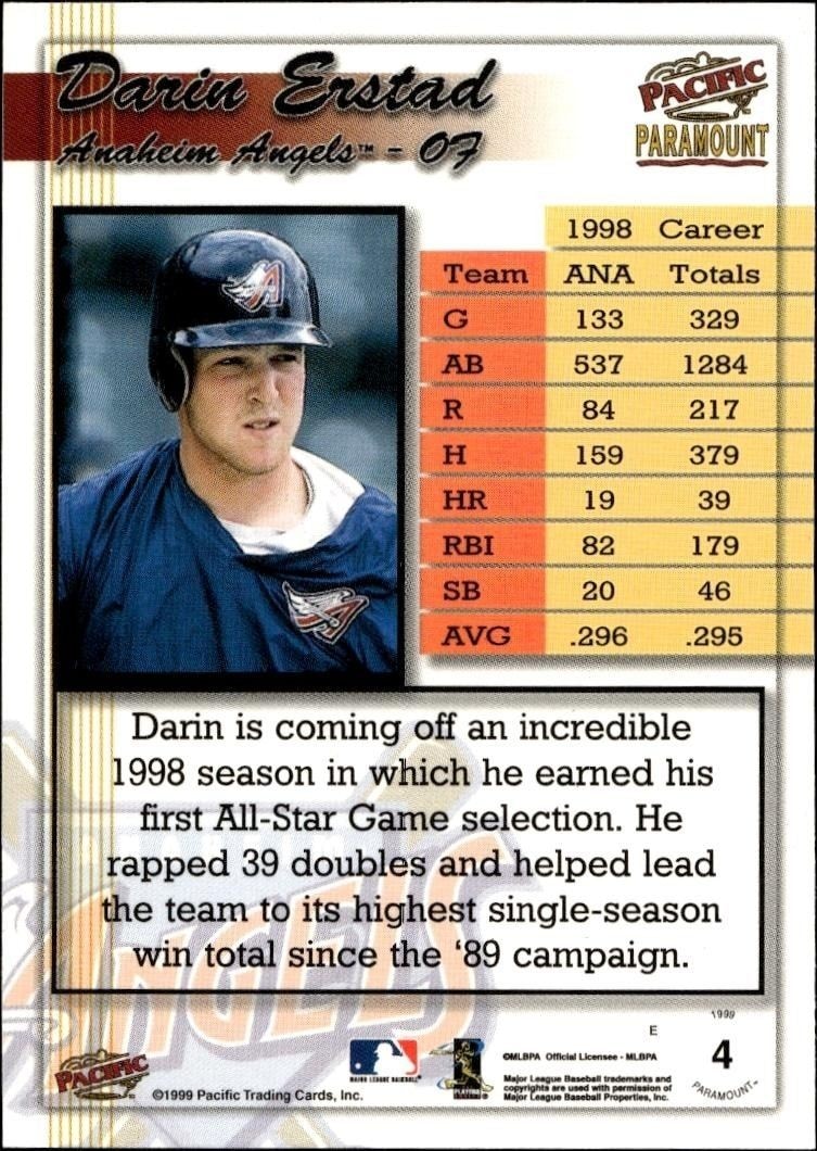 1999 Pacific Paramount Darin Erstad #4 baseball trading card back