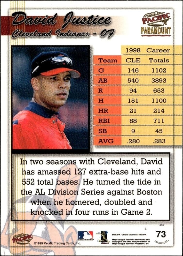 1999 Pacific Paramount David Justice #73 baseball trading card back