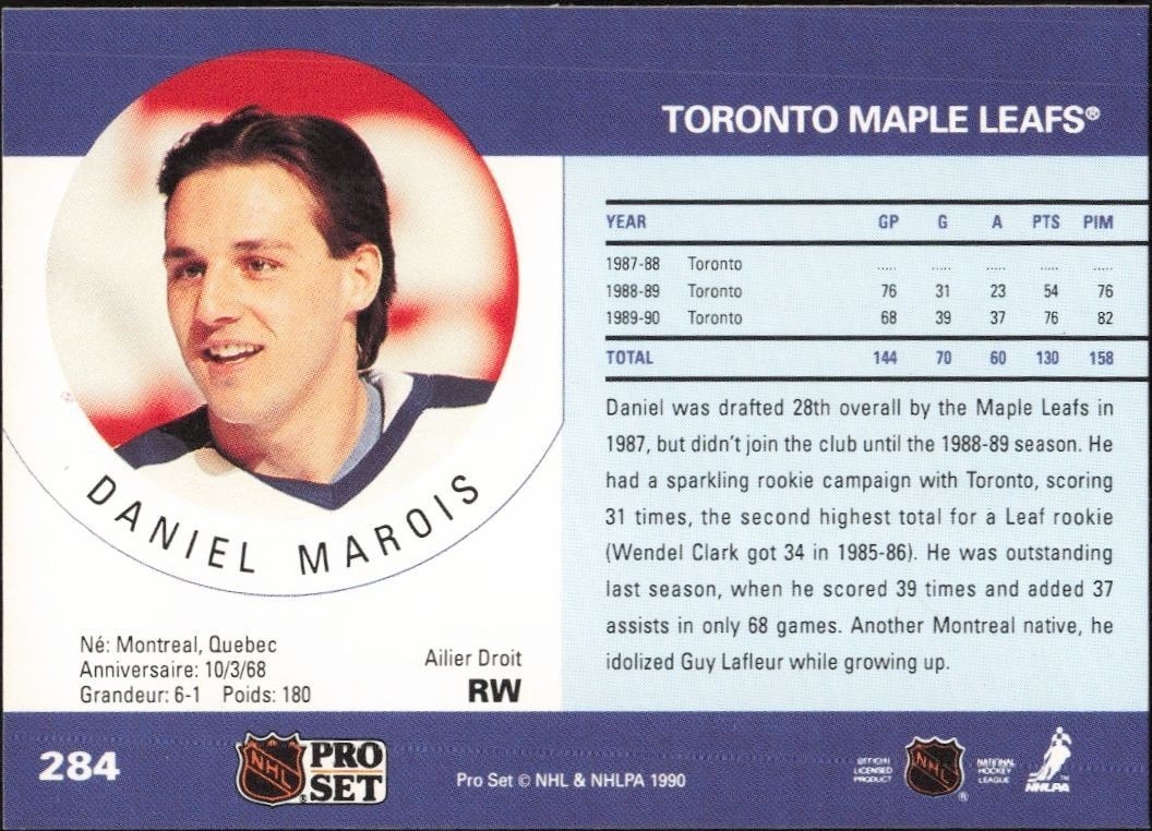 1990-91 Pro Set Daniel Marois #284 hockey trading card back