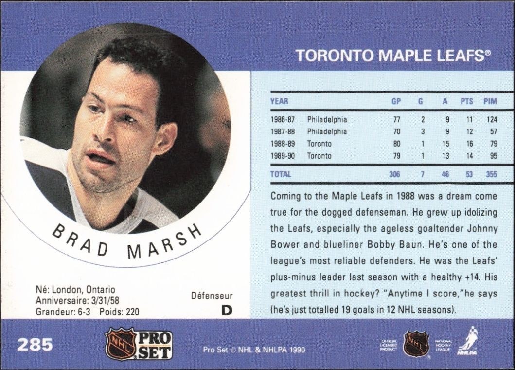 1990-91 Pro Set Brad Marsh #285 hockey trading card back