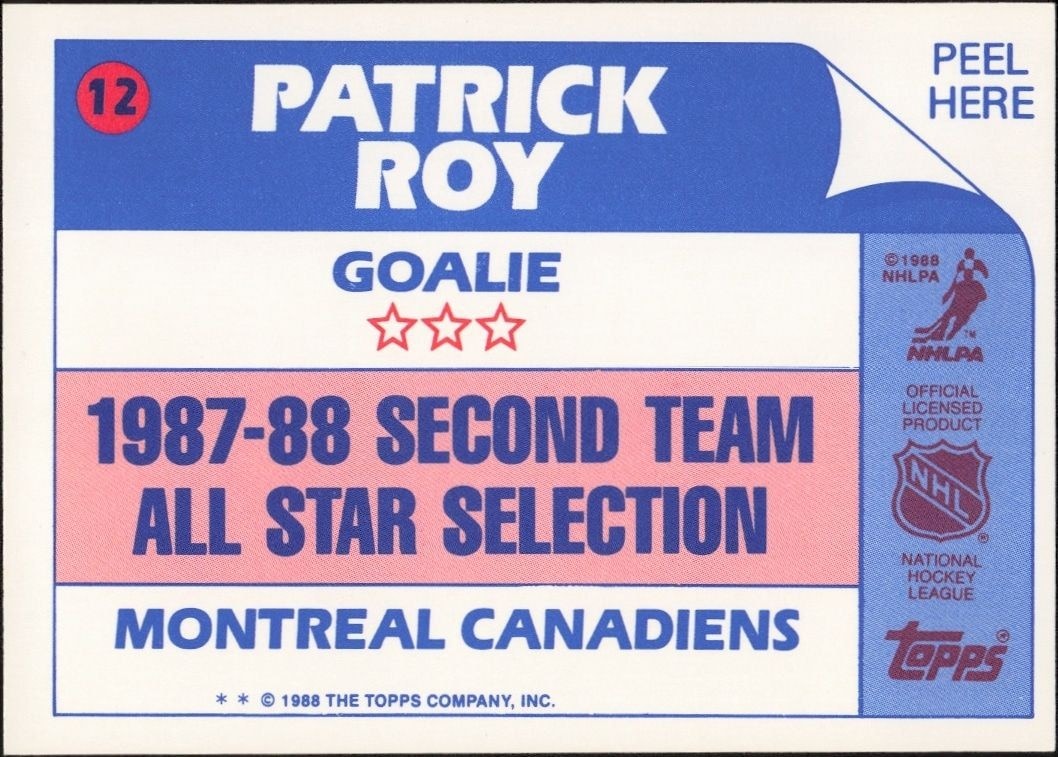 1989-90 Topps Patrick Roy #12 hockey trading card back