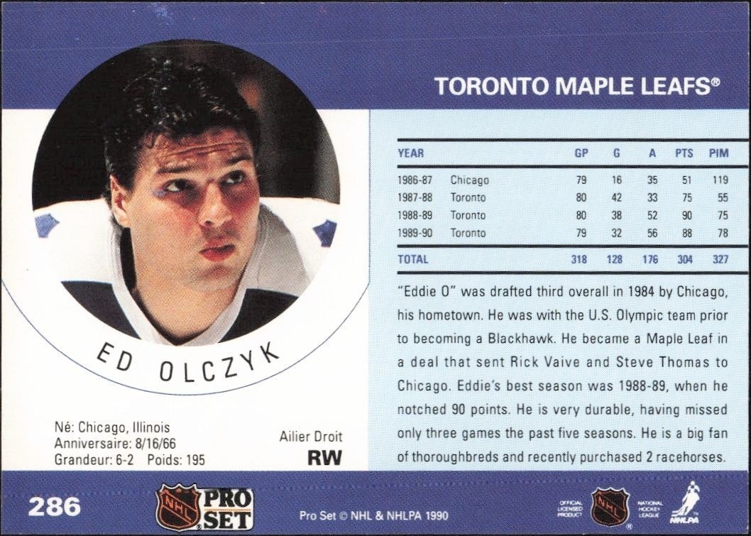1990-91 Pro Set Ed Olczyk #286 hockey trading card back