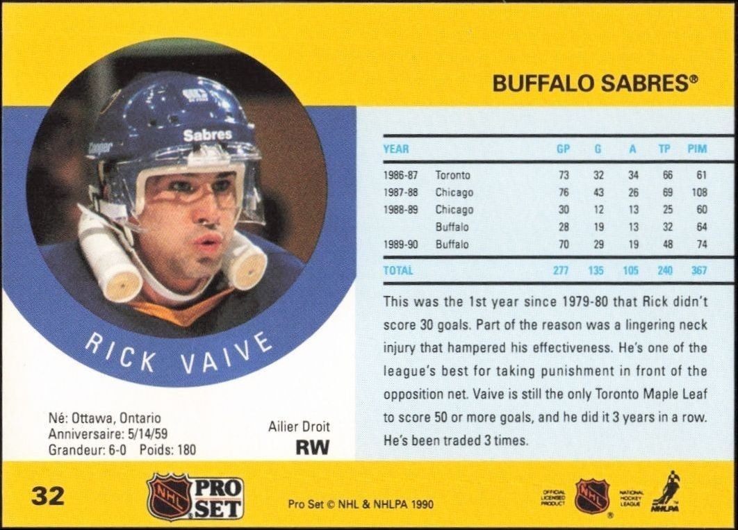 1990-91 Pro Set Rick Vaive #32 hockey trading card back