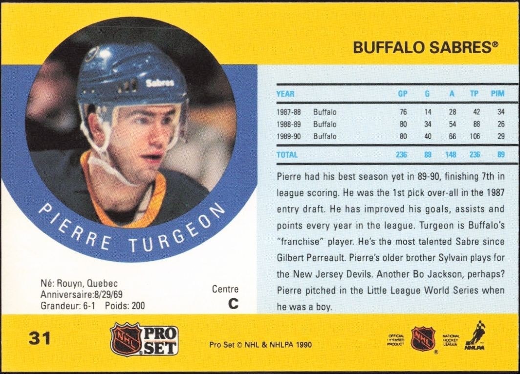 1990-91 Pro Set Pierre Turgeon #31 hockey trading card back