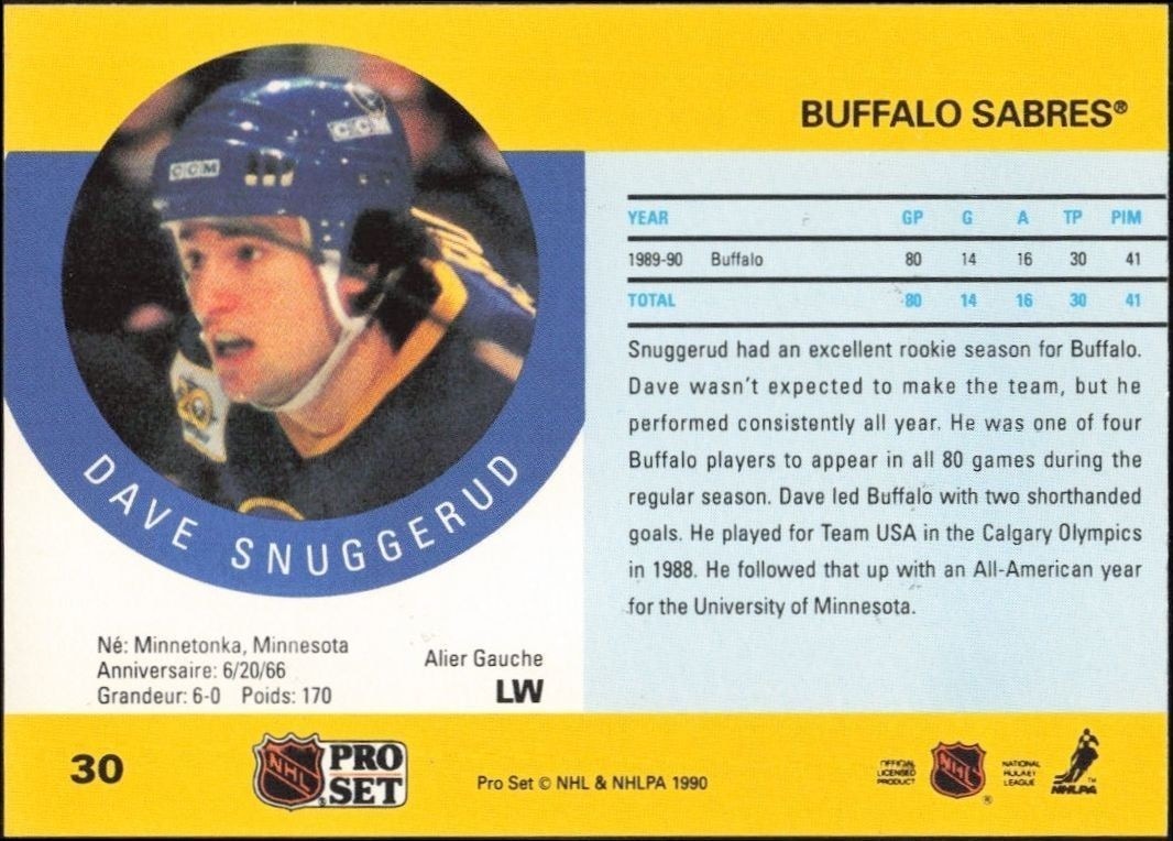 1990-91 Pro Set Dave Snuggerud #30 hockey trading card back
