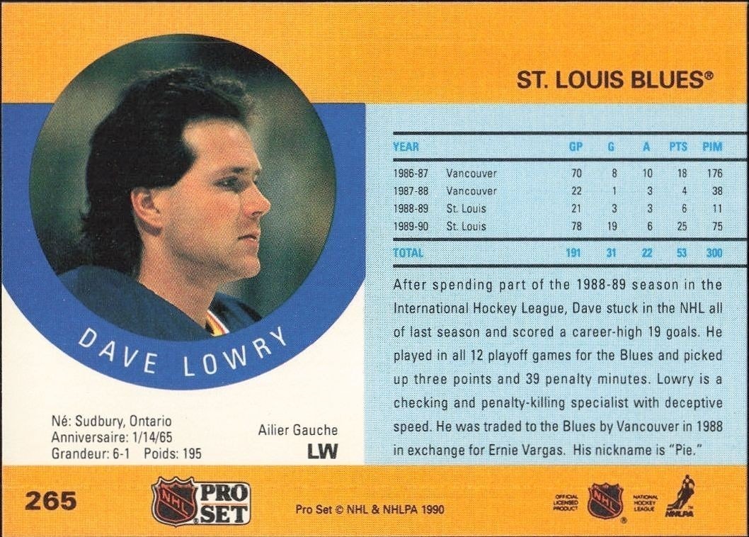 1990-91 Pro Set Dave Lowry #265 hockey trading card back