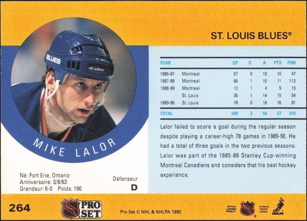 1990-91 Pro Set Mike Lalor #264 hockey trading card back