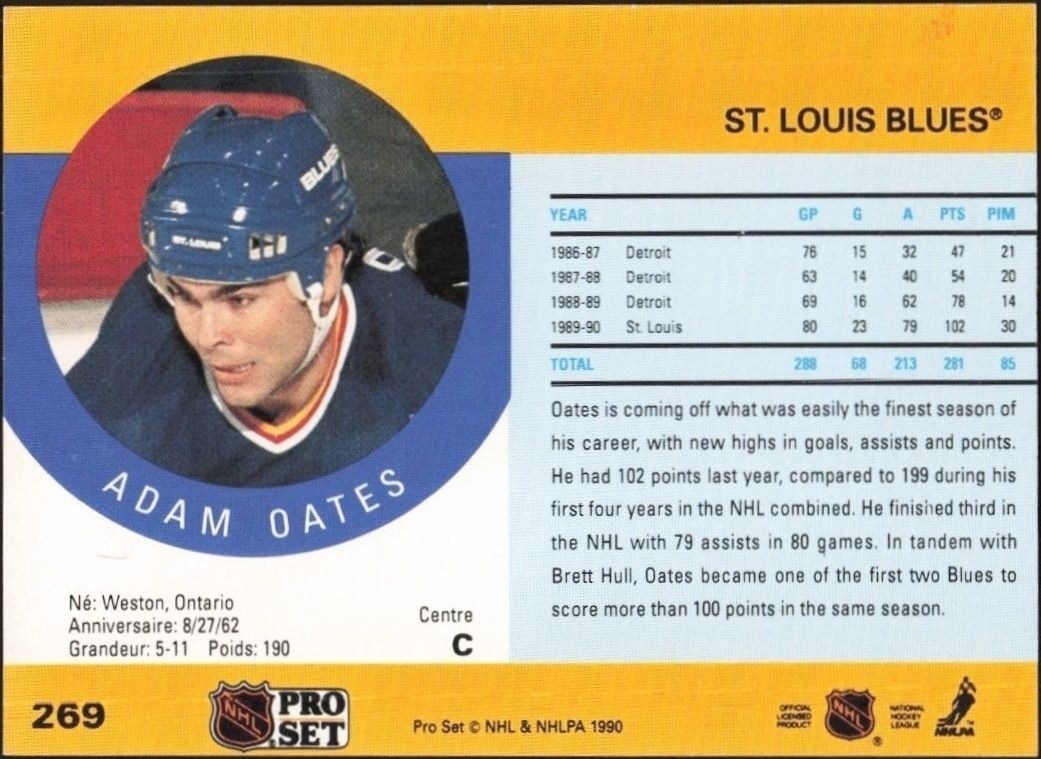 1990-91 Pro Set Adam Oates #269 hockey trading card back