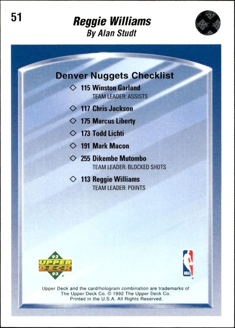1992-93 Upper Deck Reggie Williams #51 basketball trading card back