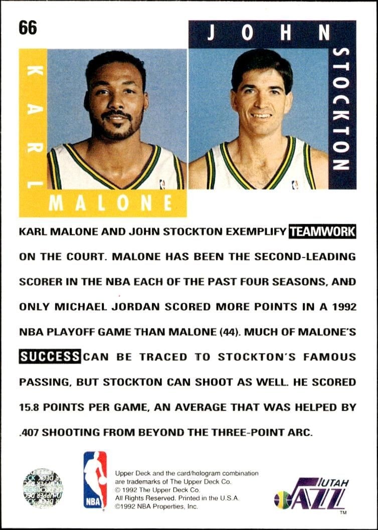 1992-93 Upper Deck Karl Malone #66 basketball trading card back