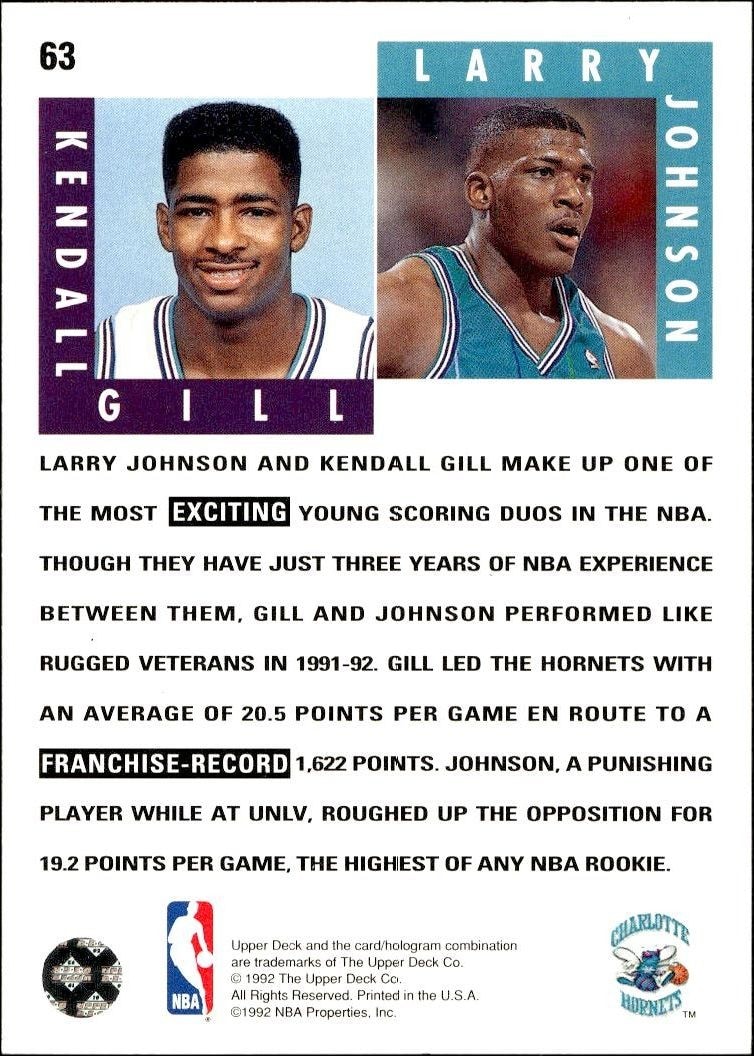 1992-93 Upper Deck Kendall Gill #63 basketball trading card back