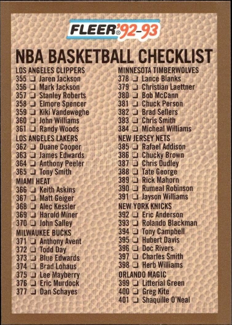 1992-93 Fleer Checklist #443 basketball trading card front