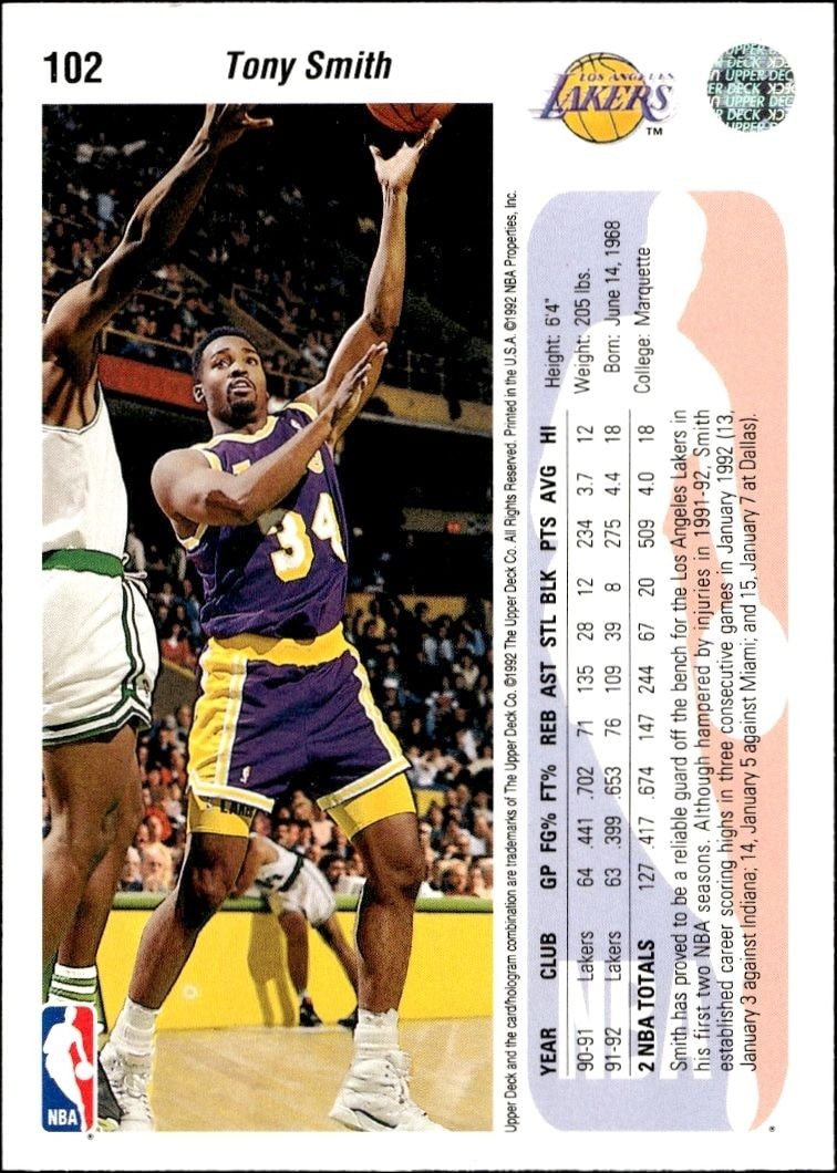 1992-93 Upper Deck Tony Smith #102 basketball trading card back