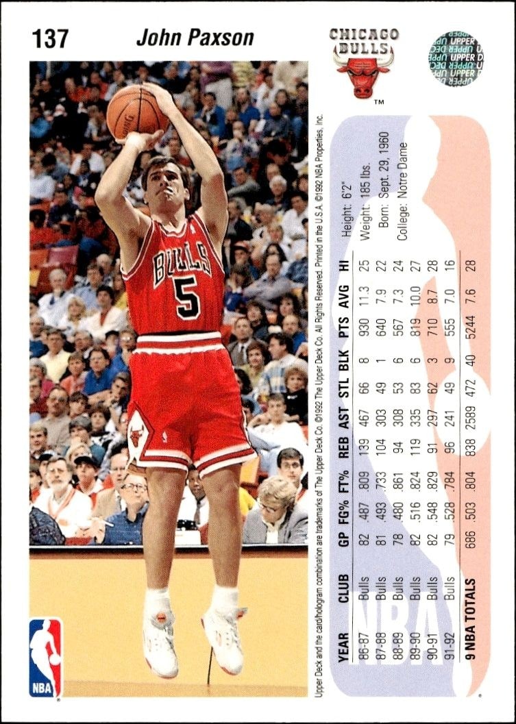 1992-93 Upper Deck John Paxson #137 basketball trading card back