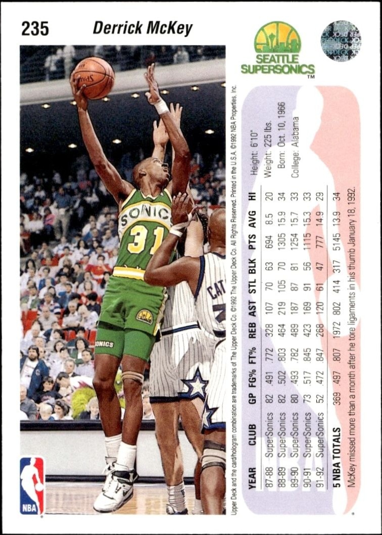 1992-93 Upper Deck Derrick McKey #235 basketball trading card back