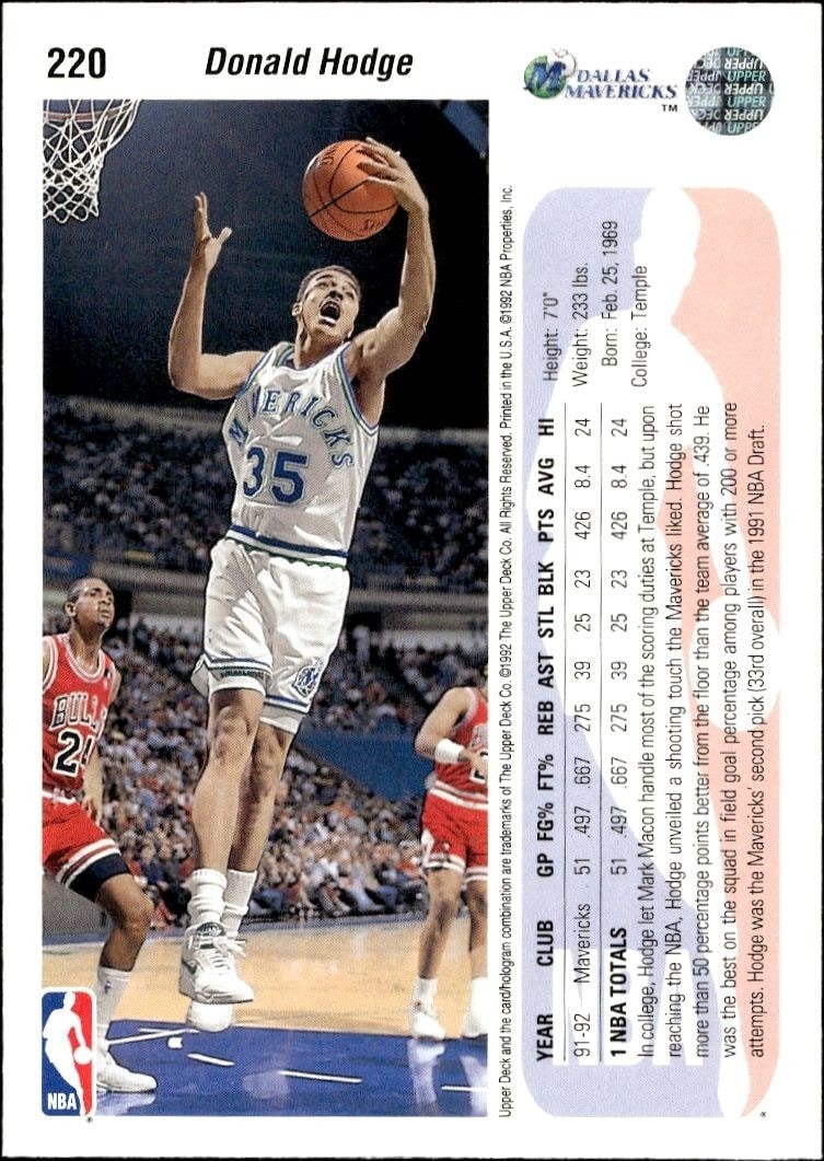 1992-93 Upper Deck Donald Hodge #220 basketball trading card back