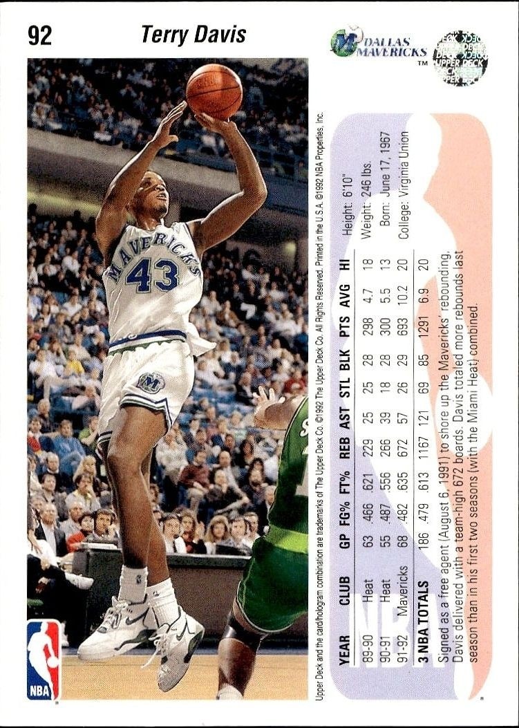 1992-93 Upper Deck Terry Davis #92 basketball trading card back