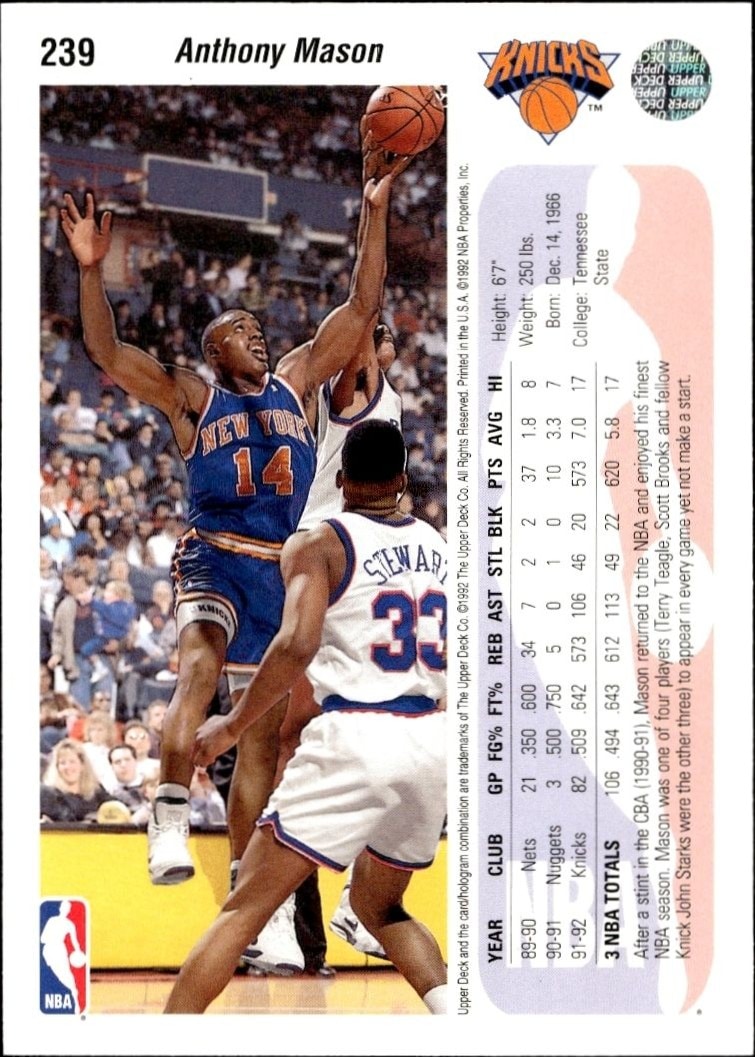 1992-93 Upper Deck Anthony Mason #239 basketball trading card back