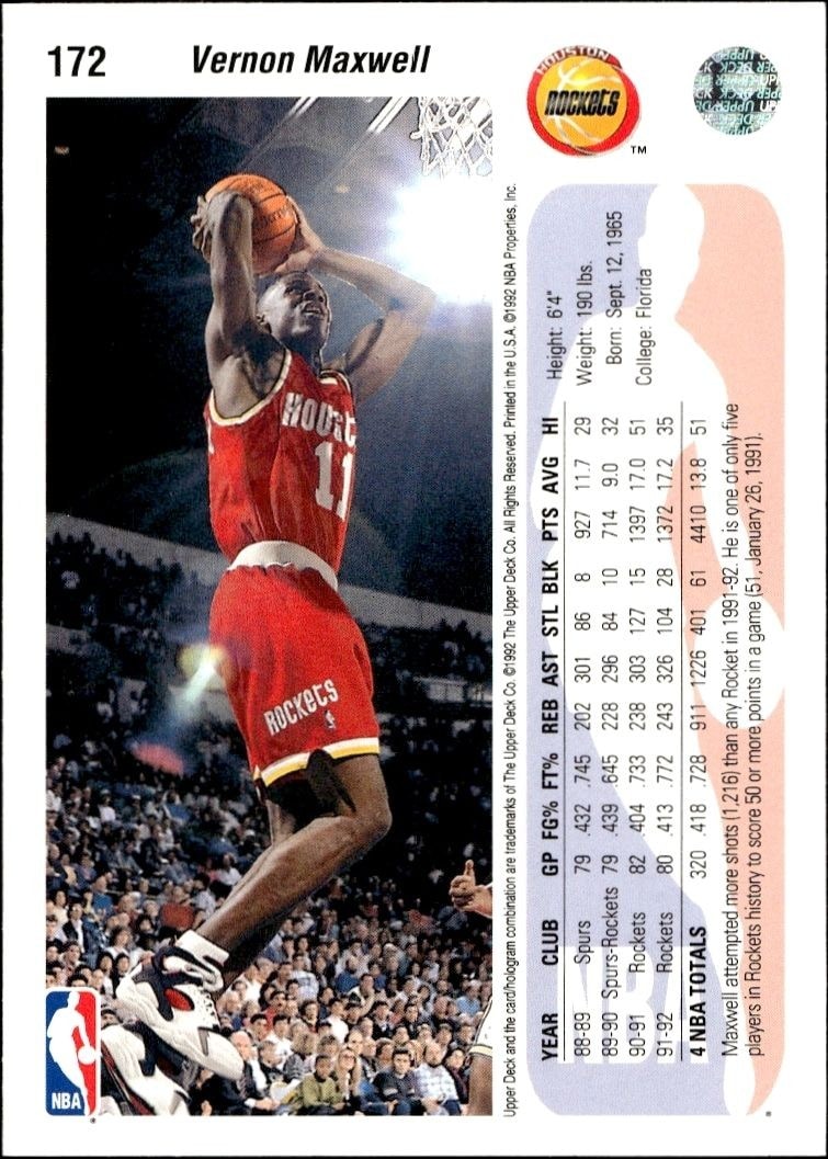 1992-93 Upper Deck Vernon Maxwell #172 basketball trading card back