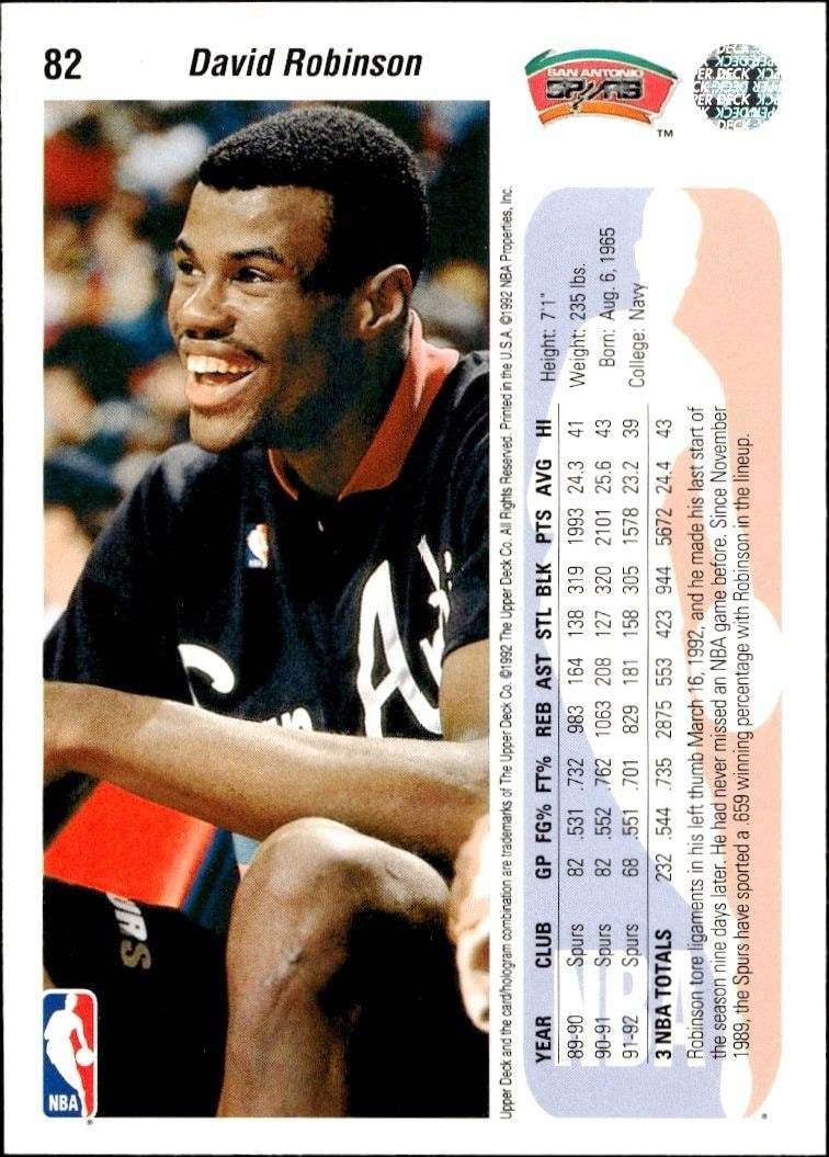 1992-93 Upper Deck David Robinson #82 basketball trading card back