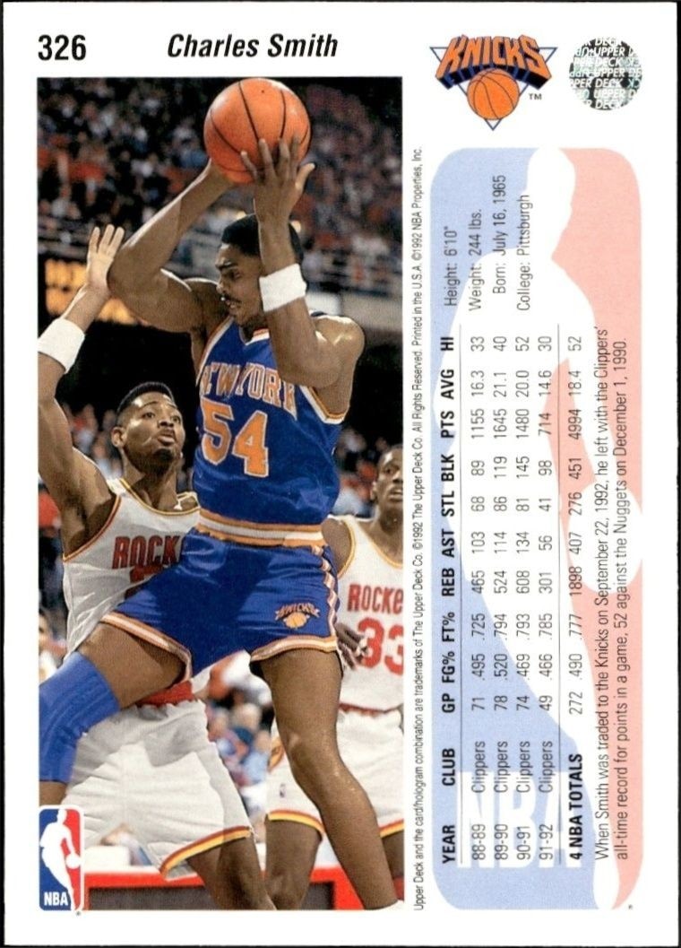 1992-93 Upper Deck Charles Smith #326 basketball trading card back
