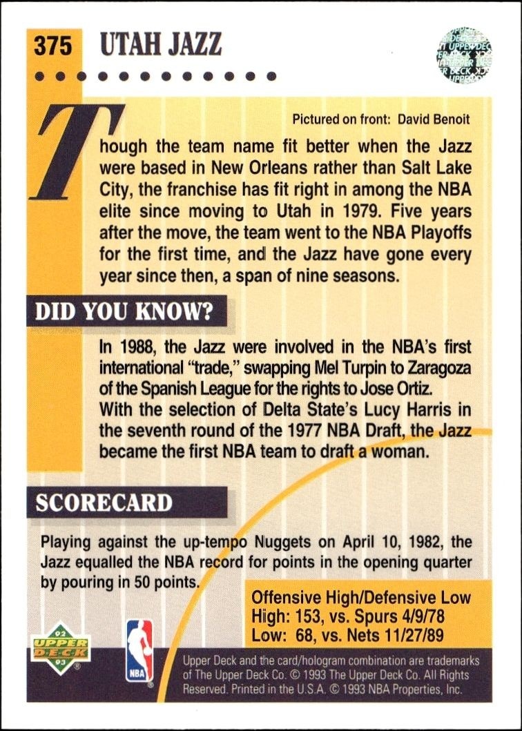 1992-93 Upper Deck Utah Jazz #375 basketball trading card back