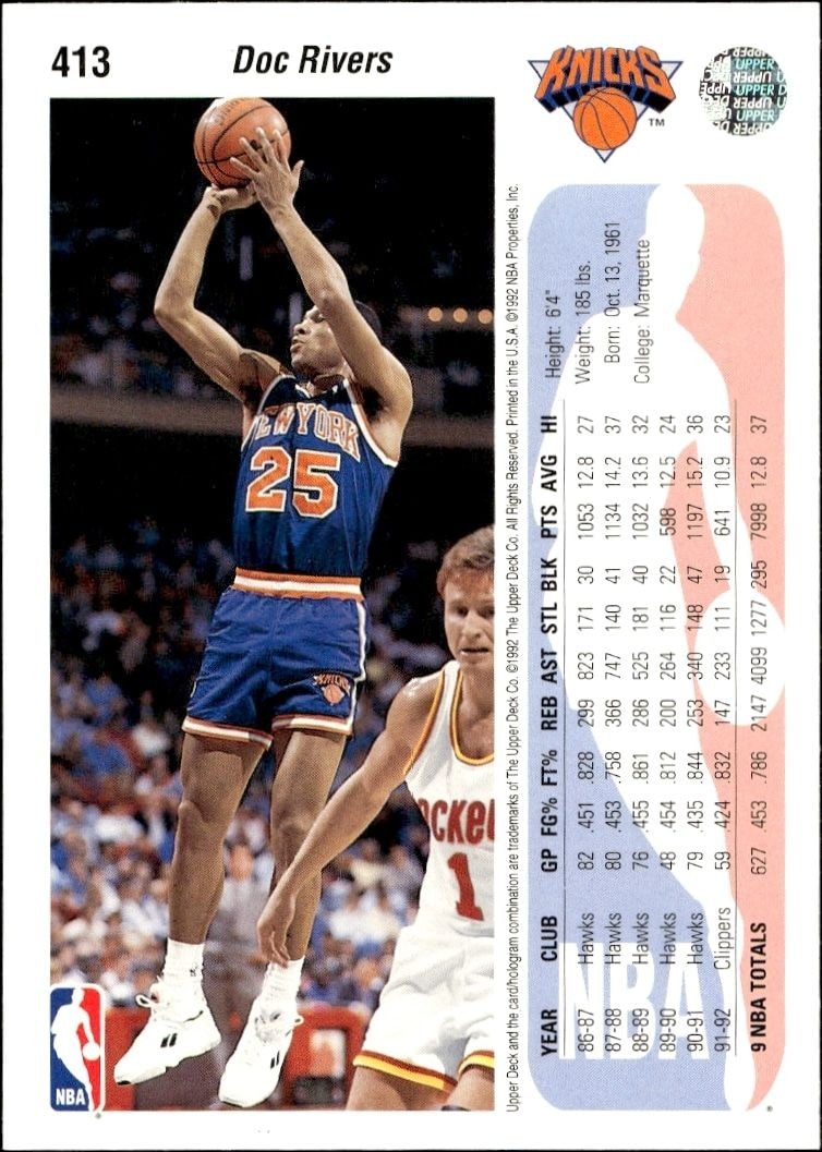 1992-93 Upper Deck Doc Rivers #413 basketball trading card back