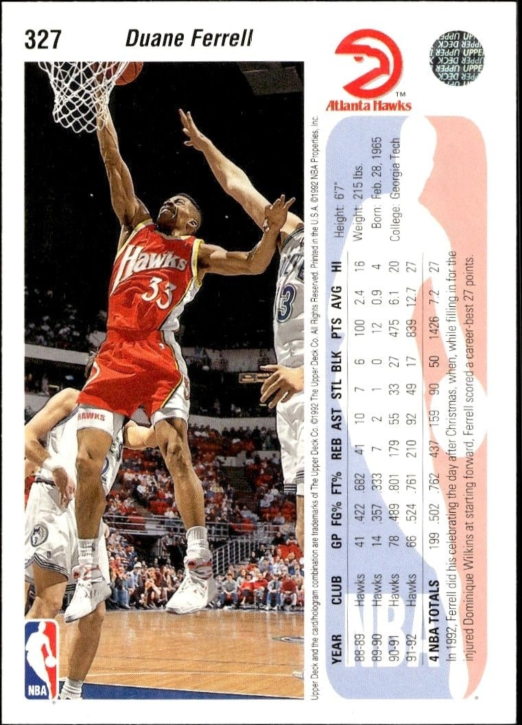 1992-93 Upper Deck Duane Ferrell #327 basketball trading card back