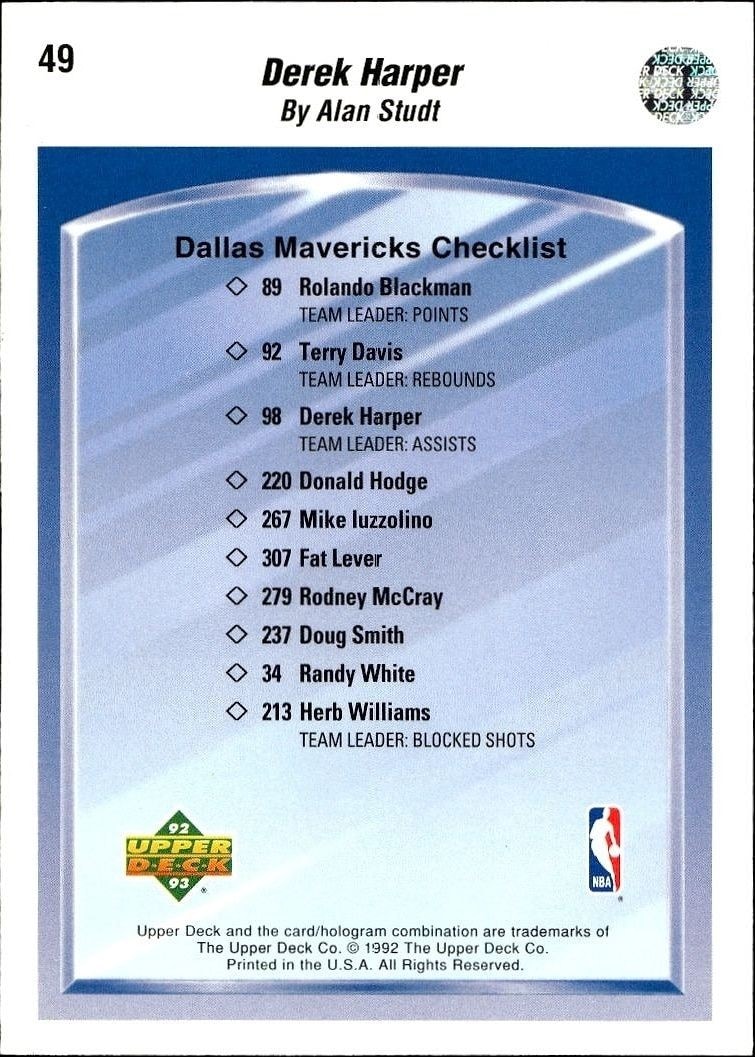 1992-93 Upper Deck Derek Harper #49 basketball trading card back