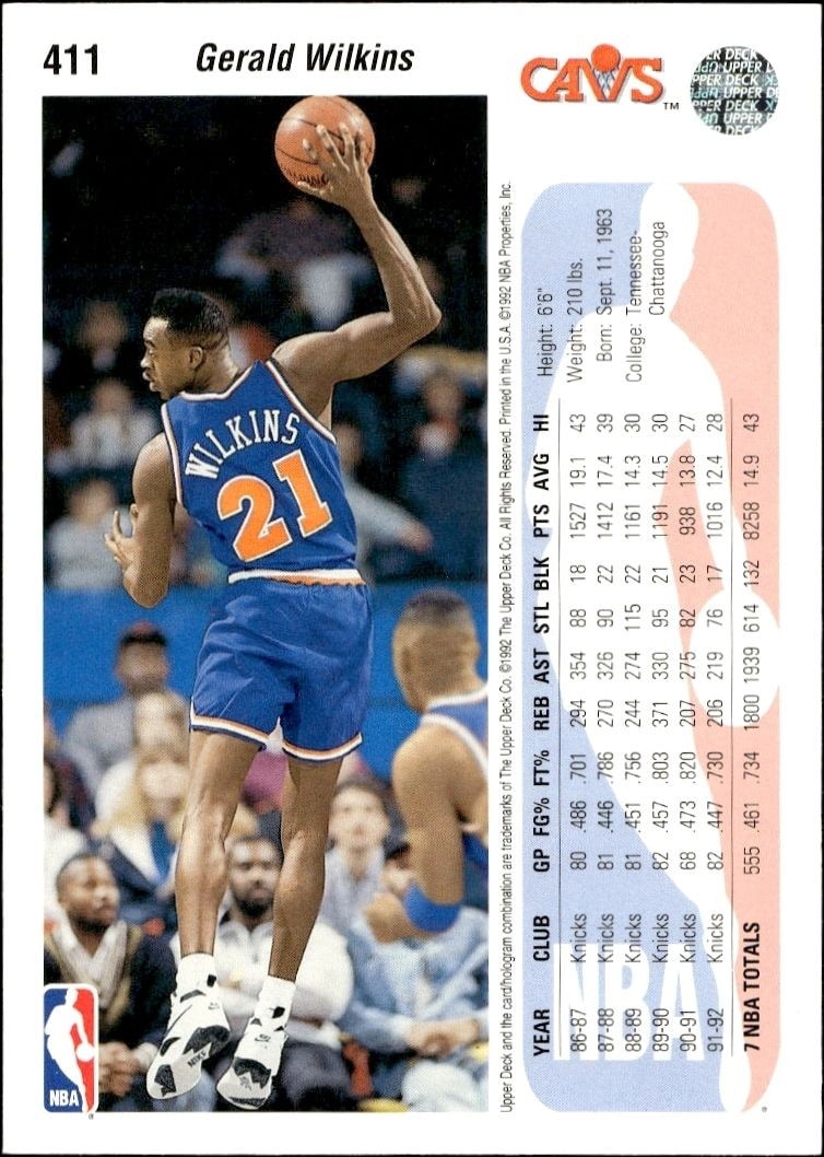 1992-93 Upper Deck Gerald Wilkins #411 basketball trading card back
