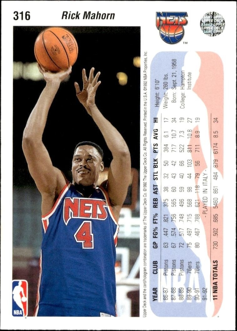 1992-93 Upper Deck Rick Mahorn #316 basketball trading card back