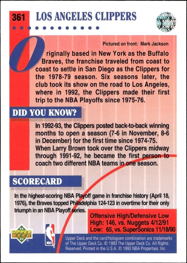 1992-93 Upper Deck Los Angeles Clippers #361 basketball trading card back