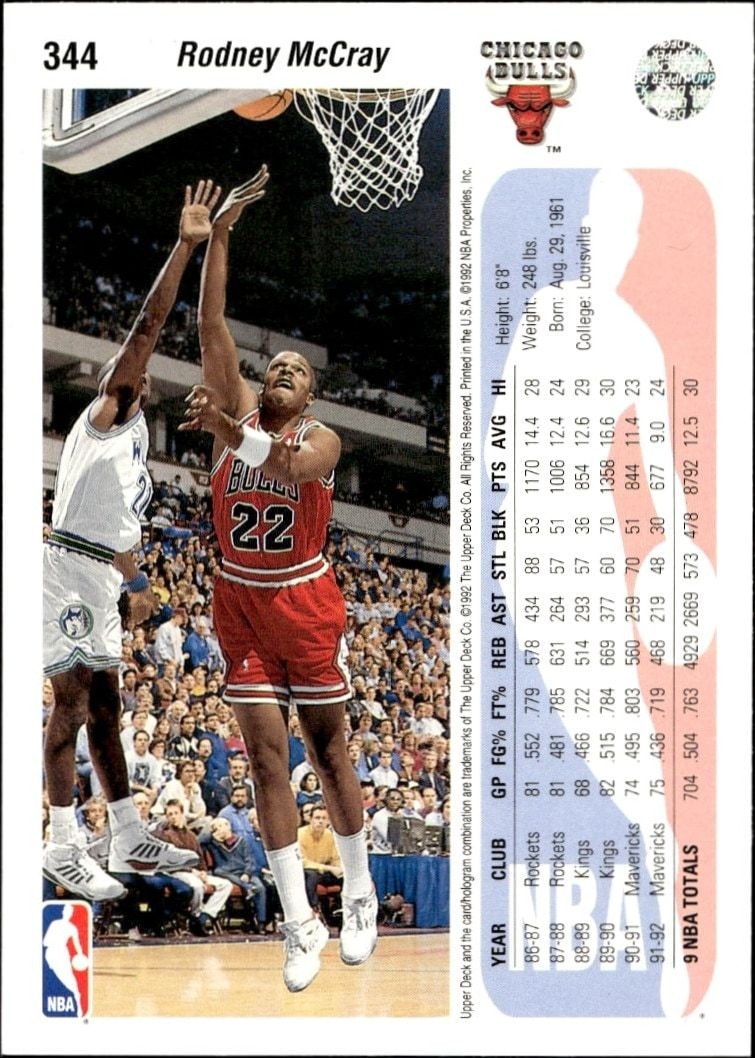1992-93 Upper Deck Rodney McCray #344 basketball trading card back