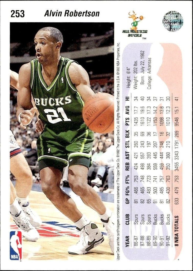 1992-93 Upper Deck Alvin Robertson #253 basketball trading card back